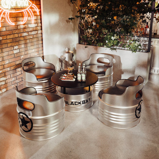 Raw Metallic Silver Oil Drum 5-Piece Bar Furniture Set: 1 Round Table &amp; 4 Barrel Chairs