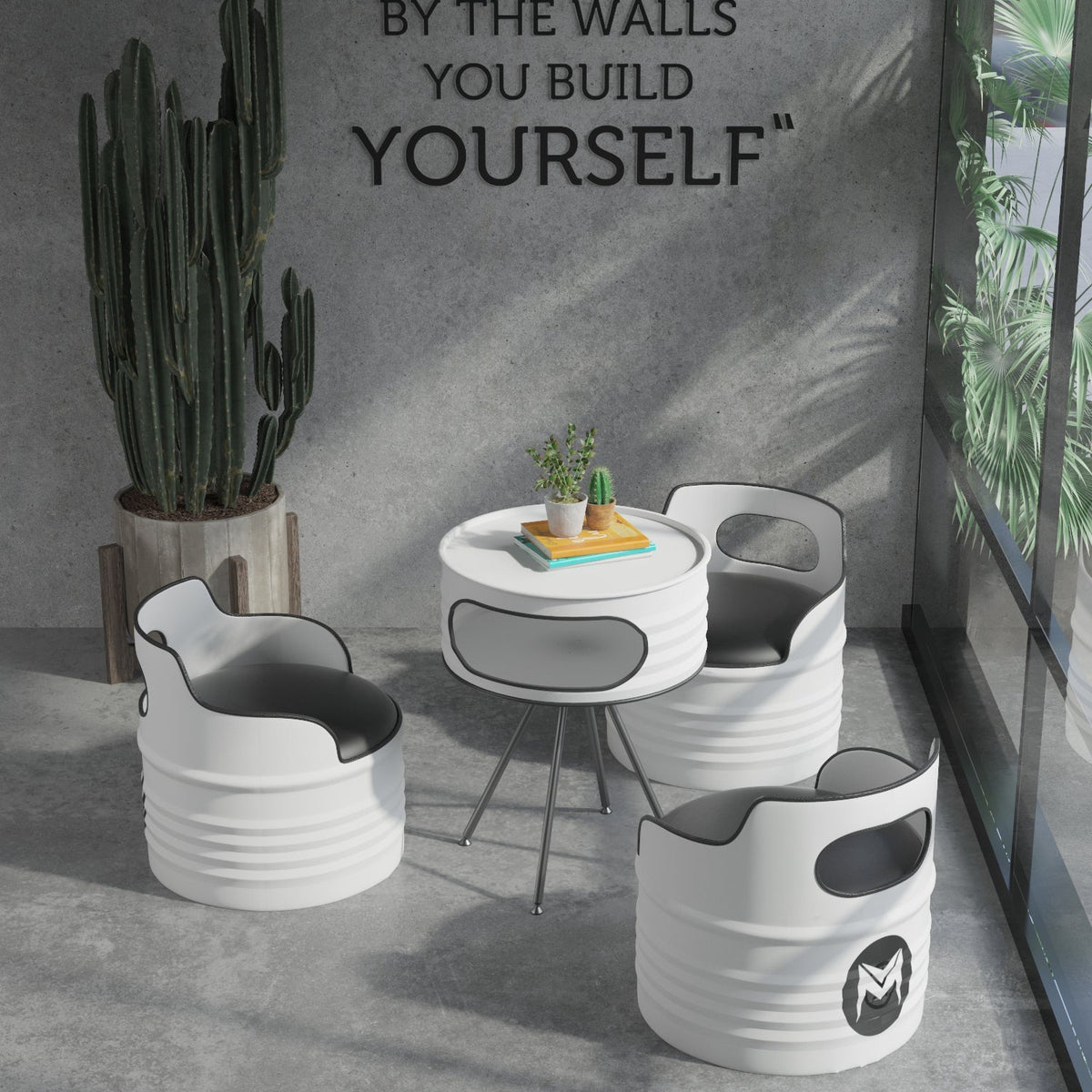 Modern Industrial Matte White Oil Drum 4-Piece Bistro Set: 1 Table &amp; 3 Chairs