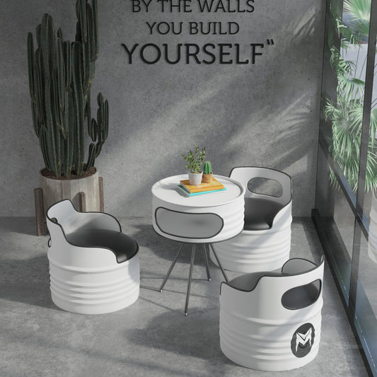 Modern Industrial Matte White Oil Drum 4-Piece Bistro Set: 1 Table &amp; 3 Chairs