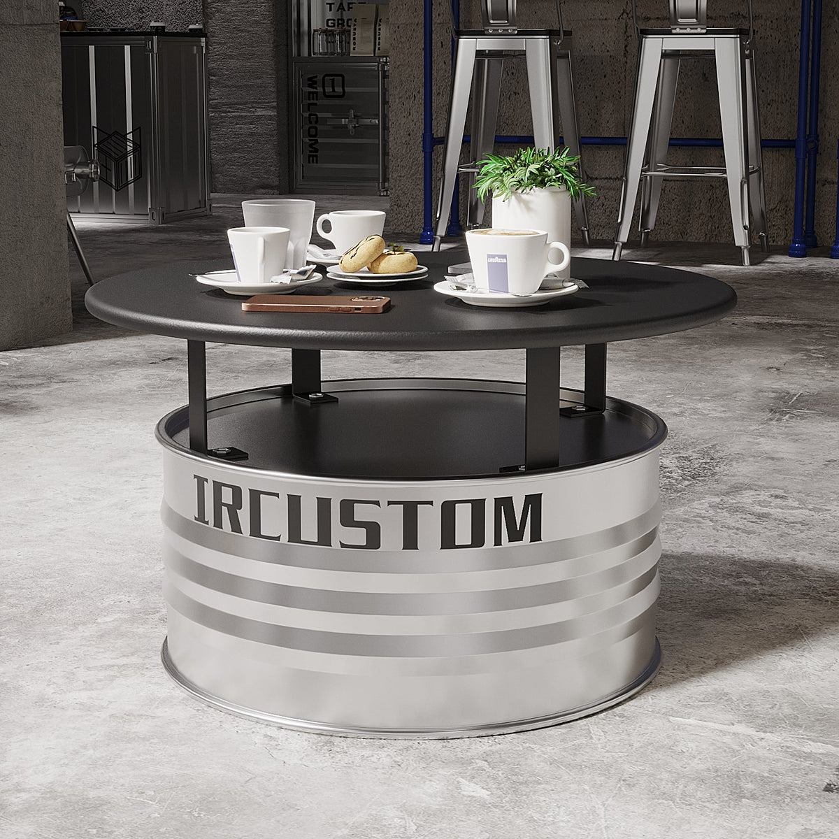 Industrial Vibrant Yellow Oil Drum 5-Piece Lounge Set: 1 Table &amp; 4 Chairs