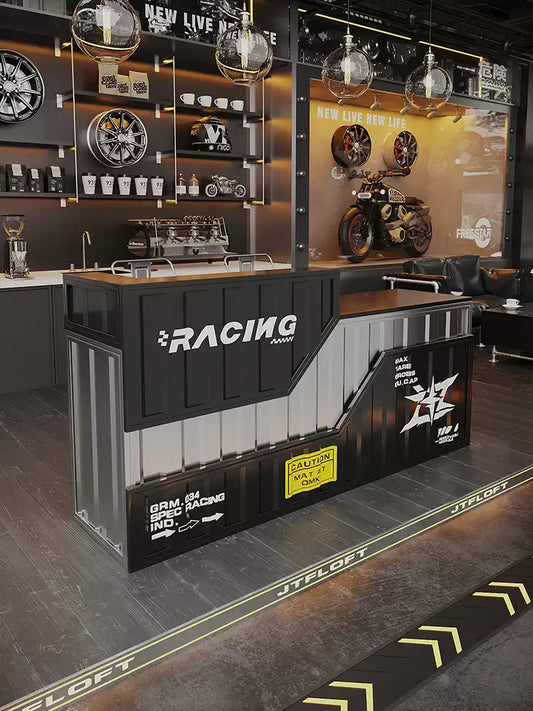 Industrial Racing Container Reception Desk & Cashier Counter | Commercial Front Desk with Lockable Drawers & Geometric Facade