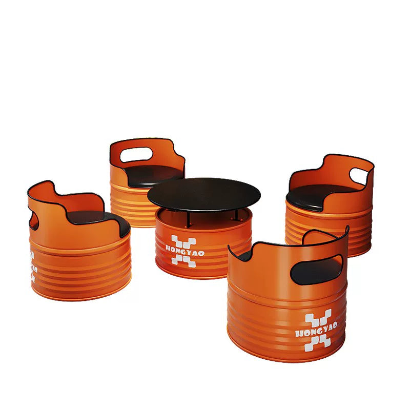 Industrial Vibrant Orange Oil Drum 5-Piece Lounge Set: 1 Table &amp; 4 Chairs