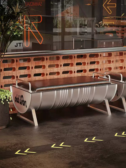 Industrial Oil Drum Bench with Leather Cushion | Backless Waiting & Dining Bench for Bar, Café & Retail