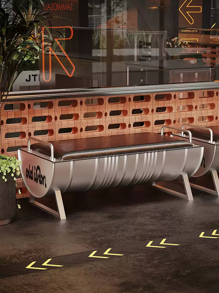 Industrial Oil Drum Bench with Leather Cushion | Backless Waiting & Dining Bench for Bar, Café & Retail