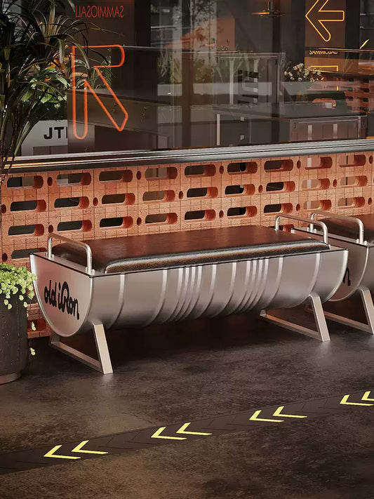 Industrial Oil Drum Bench with Leather Cushion | Backless Waiting & Dining Bench for Bar, Café & Retail