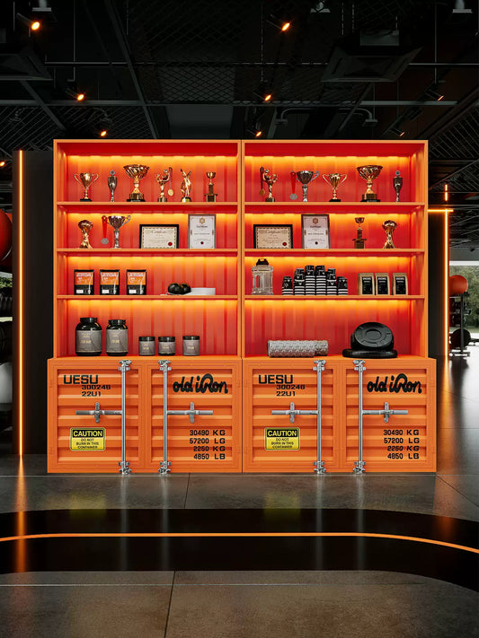 Industrial Shipping Container Backlit Display Cabinet & Trophy Shelving Unit | Commercial Retail & Gym Fixture with LED Lighting