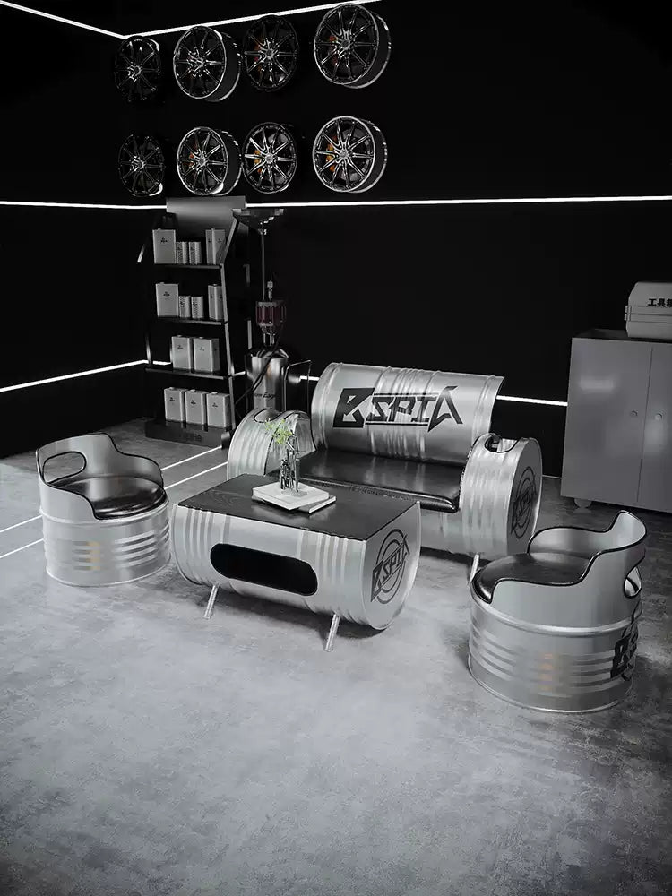 Industrial Oil Drum Roll-Back Sofa & Tub Chair Lounge Set | Commercial Reception Seating for Garage, Bar & Showroom