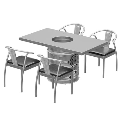 Industrial Oil Drum Korean BBQ & Hotpot Table Set | Commercial Grill Dining Table with Storage Stools