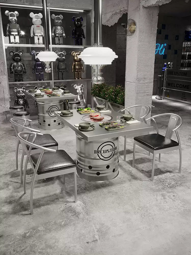Industrial Oil Drum Korean BBQ & Hotpot Table Set | Commercial Grill Dining Table with Storage Stools