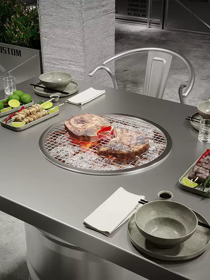 Industrial Oil Drum Korean BBQ & Hotpot Table Set | Commercial Grill Dining Table with Storage Stools