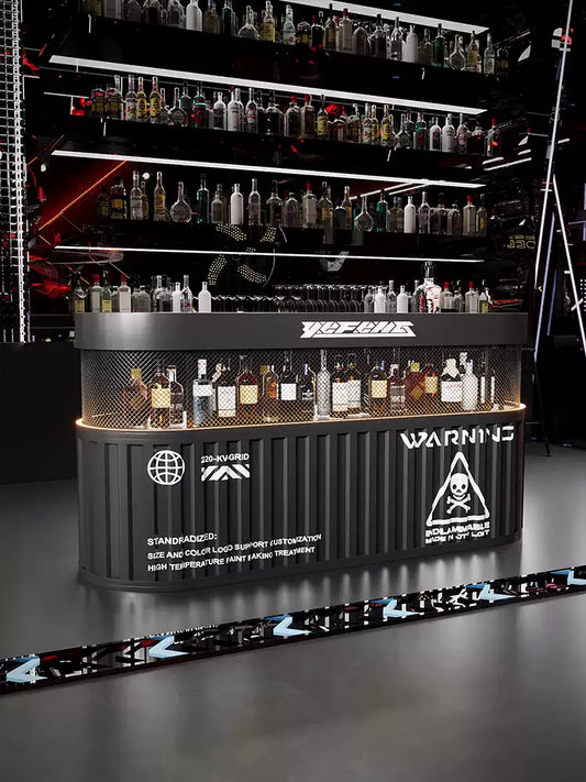 Curved Industrial Container Cocktail Bar Counter with Backlit Mesh Display | Commercial Reception & Bar Desk with LED Lighting