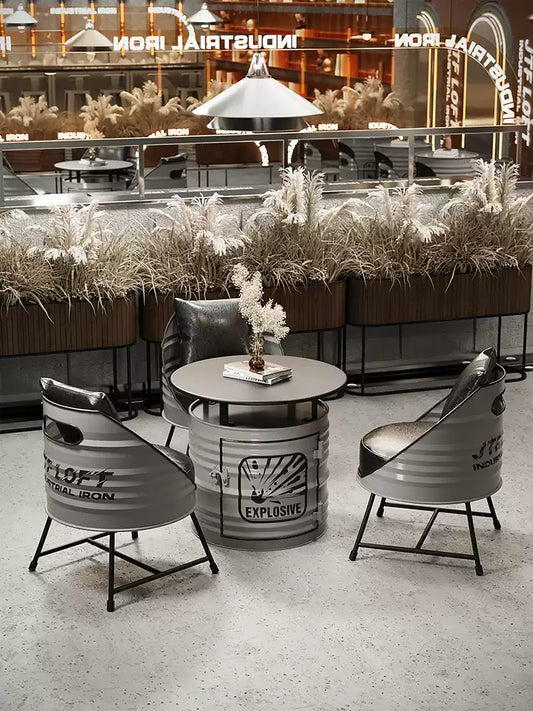 Industrial Oil Drum Bistro Table & Tub Armchair Set | Retro Loft Seating for Café, Bar & Lounge