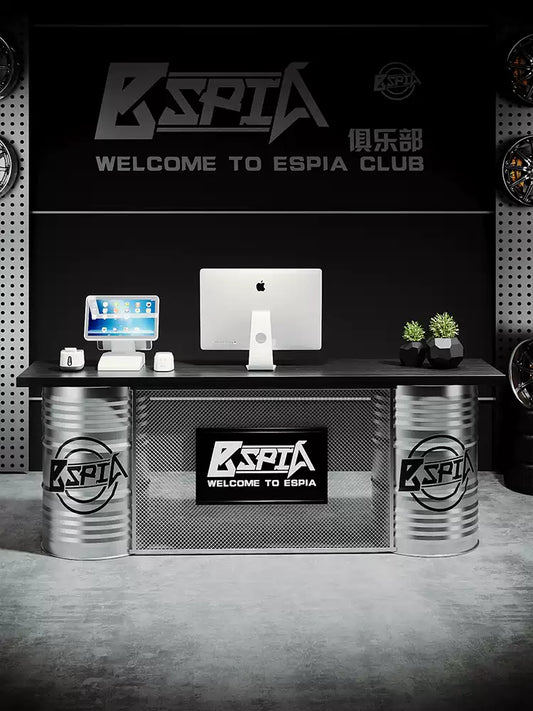 Industrial Dual Oil Drum Reception Desk & Cashier Counter | Commercial Front Desk with Wire Mesh Modesty Panel for Showroom & Bar