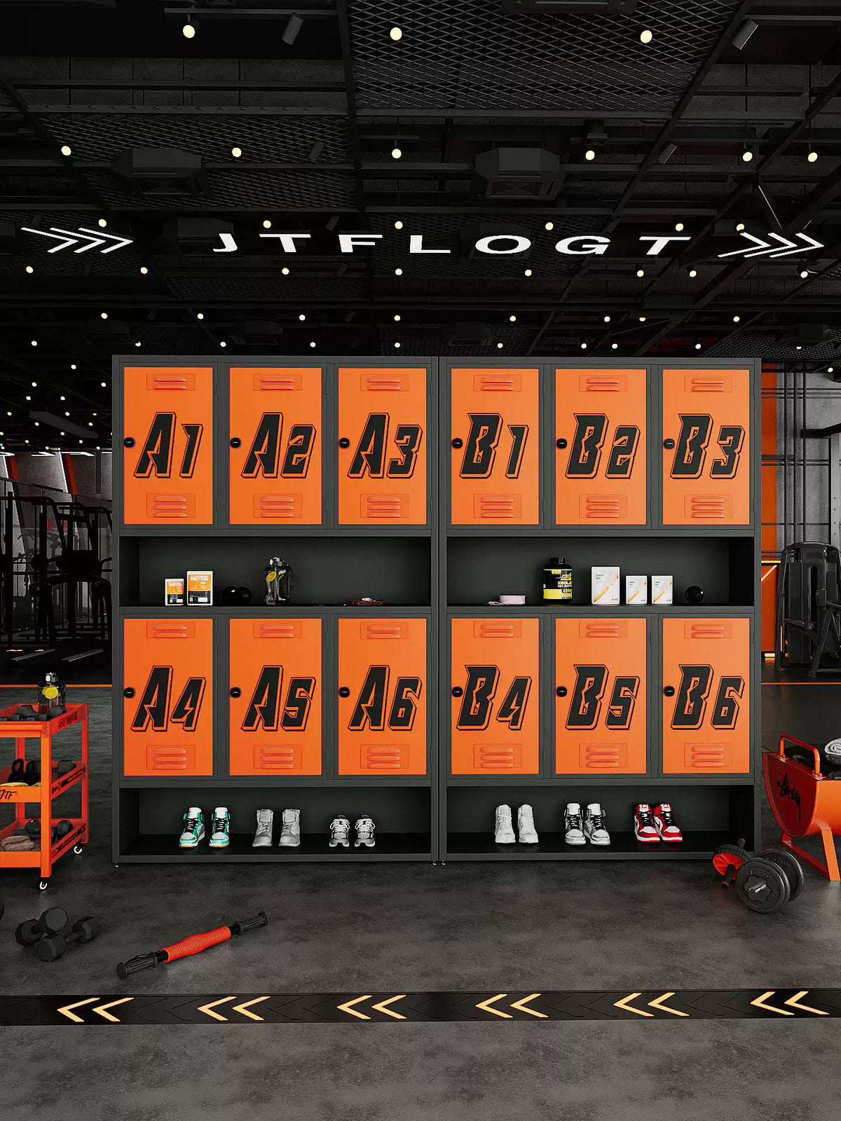 Commercial Gym & Fitness Locker with Open Display Shelf & Shoe Rack | Industrial CrossFit Member Storage Cabinet