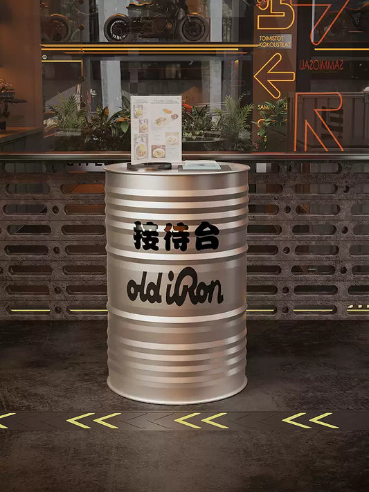 Industrial Oil Drum Reception Podium & Hostess Stand | Commercial Greeting Lectern for Restaurant, Bar & Showroom