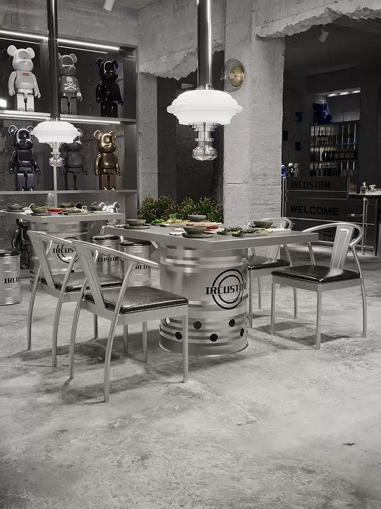 Industrial Oil Drum Korean BBQ & Hotpot Table Set | Commercial Grill Dining Table with Storage Stools