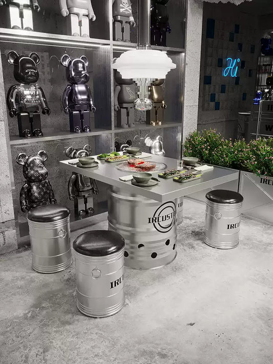 Industrial Oil Drum Korean BBQ & Hotpot Table Set | Commercial Grill Dining Table with Storage Stools