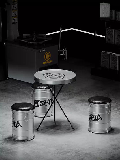 Industrial Oil Drum Lid Cocktail Table & Storage Stool Set | Compact Bistro Furniture for Garage, Bar & Café