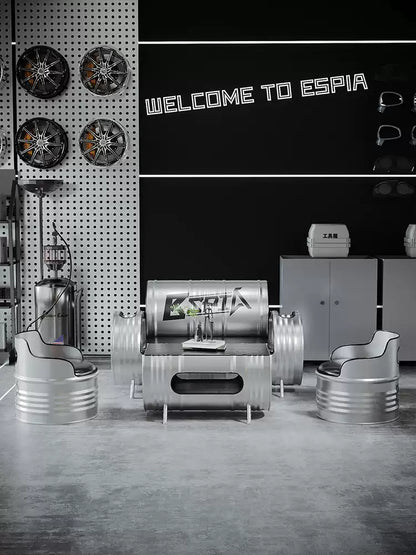Industrial Oil Drum Roll-Back Sofa & Tub Chair Lounge Set | Commercial Reception Seating for Garage, Bar & Showroom