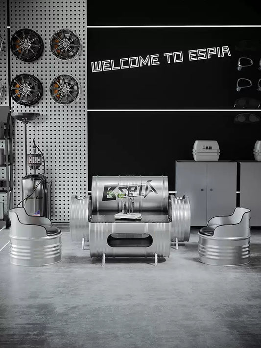 Industrial Oil Drum Roll-Back Sofa & Tub Chair Lounge Set | Commercial Reception Seating for Garage, Bar & Showroom