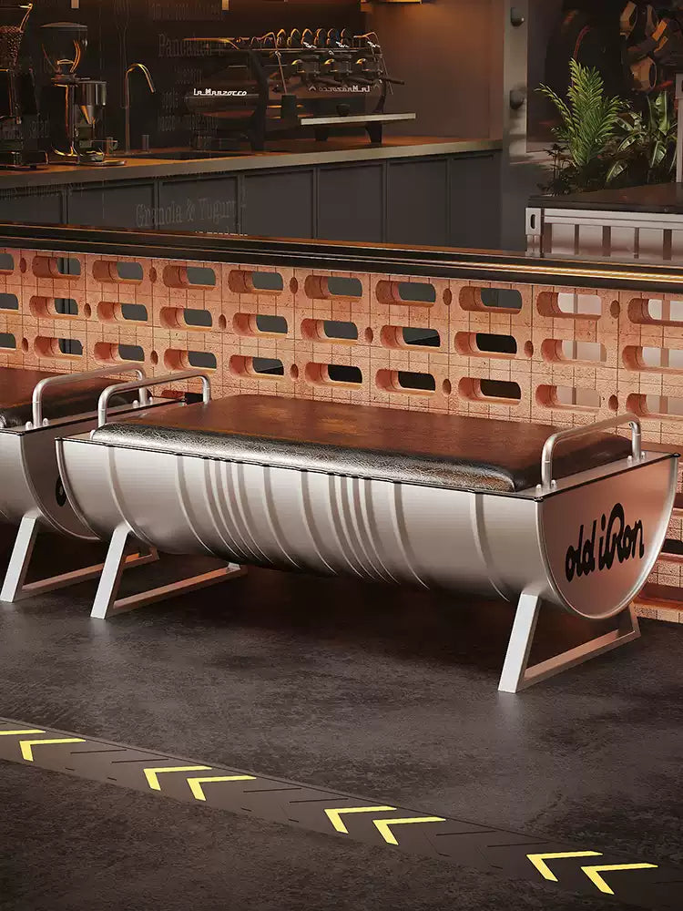 Industrial Oil Drum Bench with Leather Cushion | Backless Waiting & Dining Bench for Bar, Café & Retail