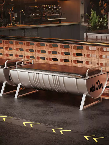 Industrial Oil Drum Bench with Leather Cushion | Backless Waiting & Dining Bench for Bar, Café & Retail