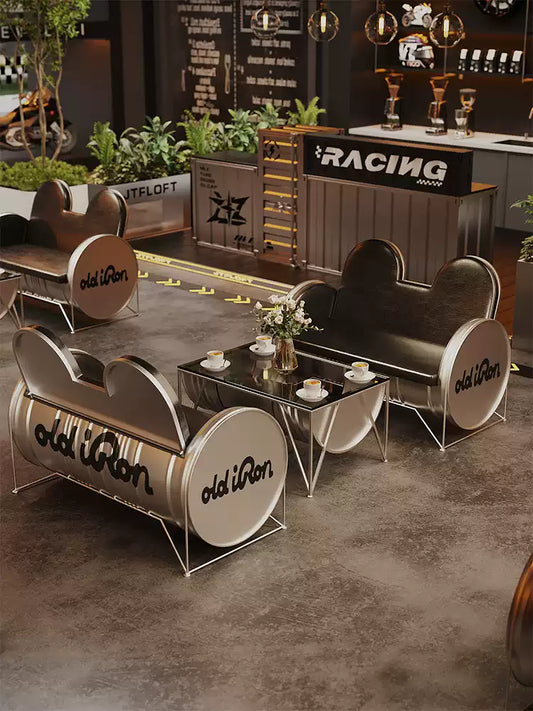 Industrial Oil Drum Sofa & Glass Coffee Table Lounge Set | Commercial Reception Seating for Café, Bar & Showroom