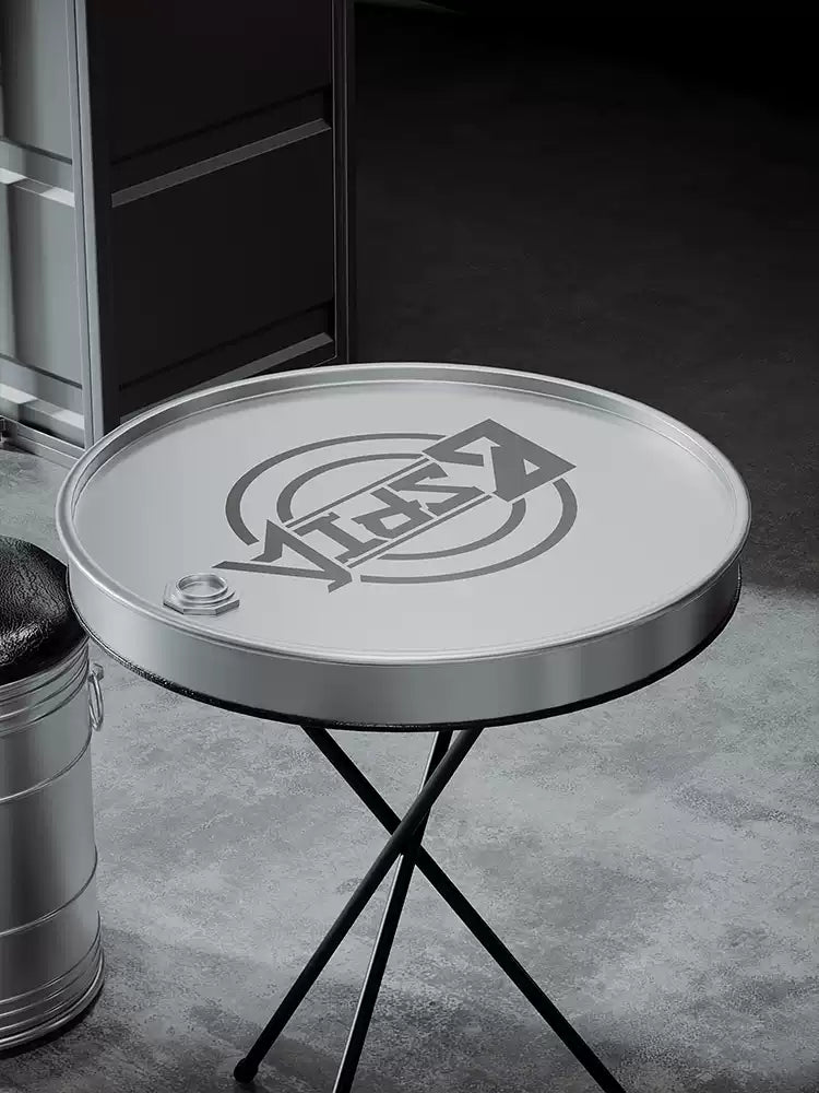 Industrial Oil Drum Lid Cocktail Table & Storage Stool Set | Compact Bistro Furniture for Garage, Bar & Café