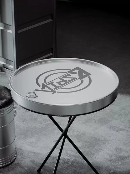 Industrial Oil Drum Lid Cocktail Table & Storage Stool Set | Compact Bistro Furniture for Garage, Bar & Café