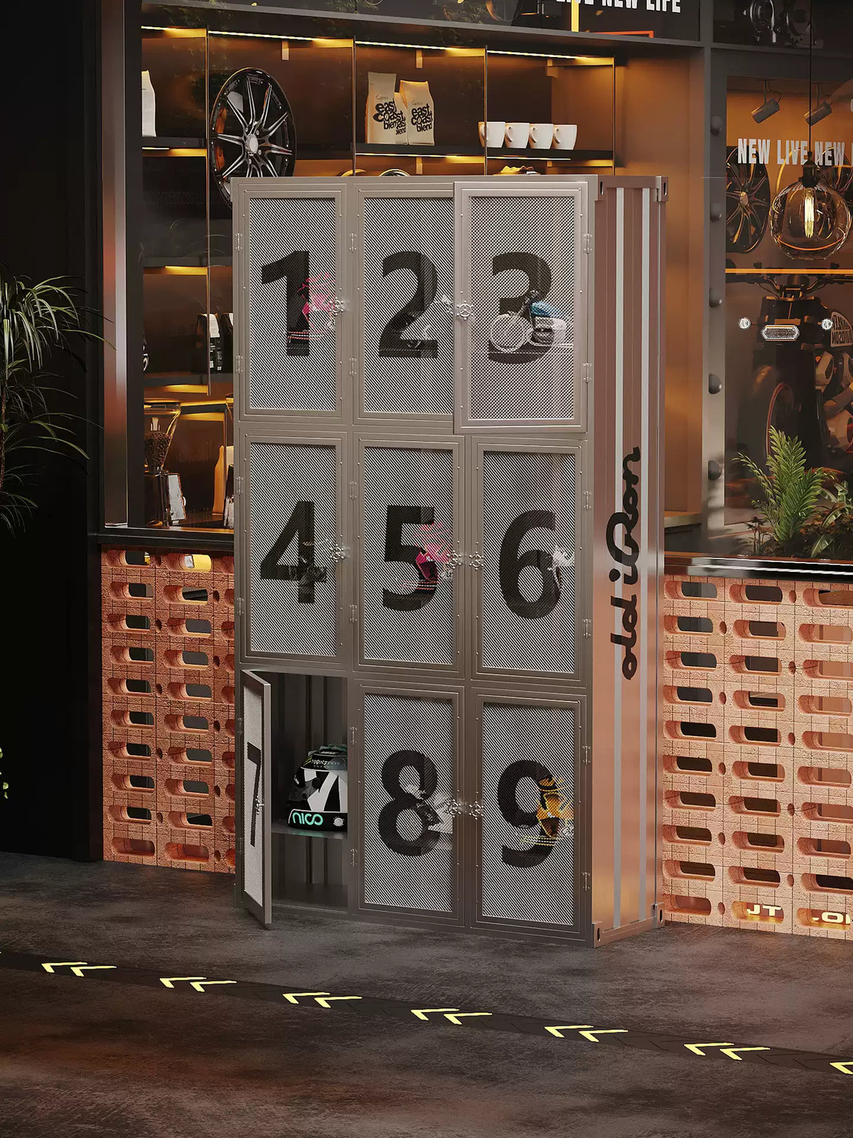 Industrial Container Wire Mesh Locker Cabinet | Motorcycle Helmet & Commercial Storage Unit with Stenciled Numbers
