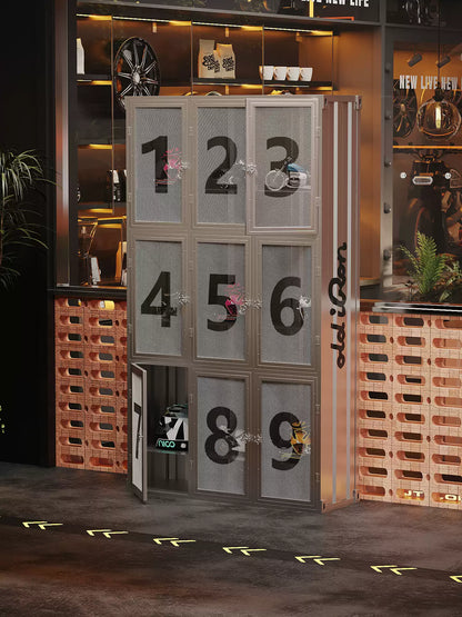 Industrial Container Wire Mesh Locker Cabinet | Motorcycle Helmet & Commercial Storage Unit with Stenciled Numbers