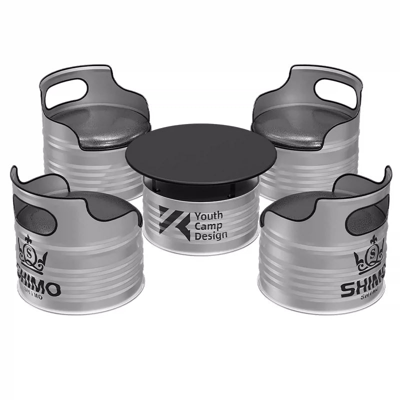 Raw Metallic Silver Oil Drum 5-Piece Bar Furniture Set: 1 Round Table &amp; 4 Barrel Chairs