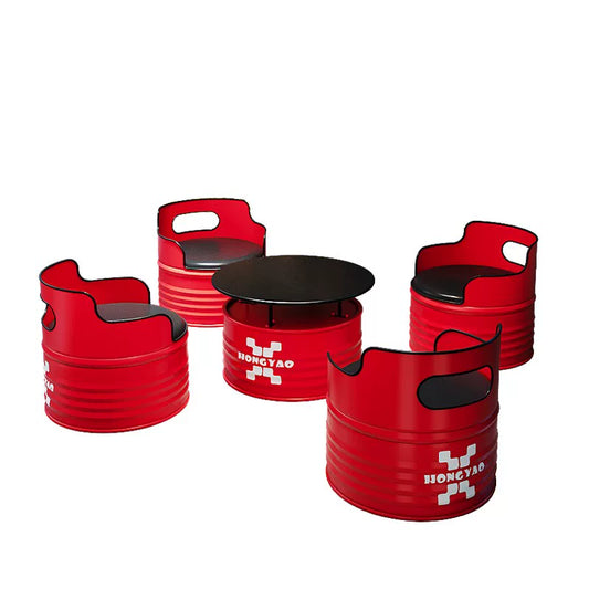 Industrial Crimson Red Oil Drum 5-Piece Lounge Set: 1 Table &amp; 4 Chairs