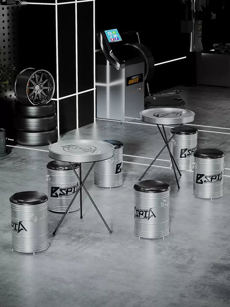 Industrial Oil Drum Lid Cocktail Table & Storage Stool Set | Compact Bistro Furniture for Garage, Bar & Café