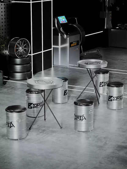 Industrial Oil Drum Lid Cocktail Table & Storage Stool Set | Compact Bistro Furniture for Garage, Bar & Café