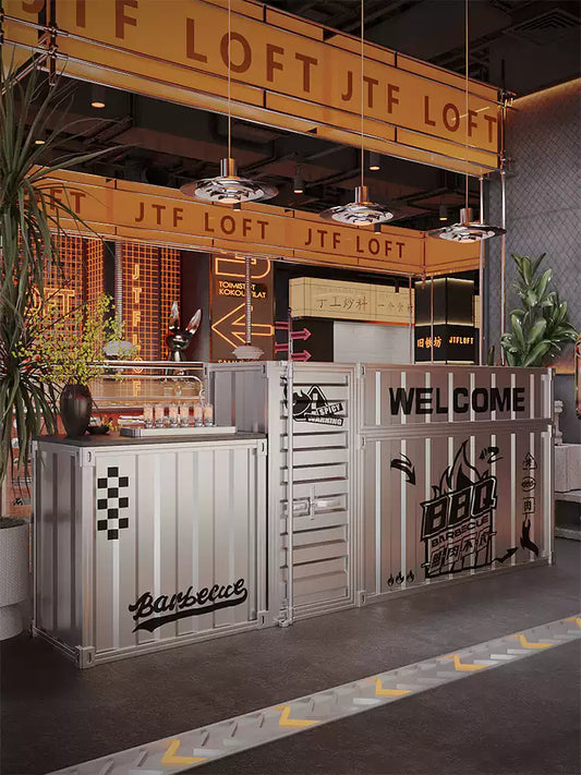 Industrial Shipping Container Reception Counter with Staff Gate | L-Shaped Commercial Cashier Bar Desk