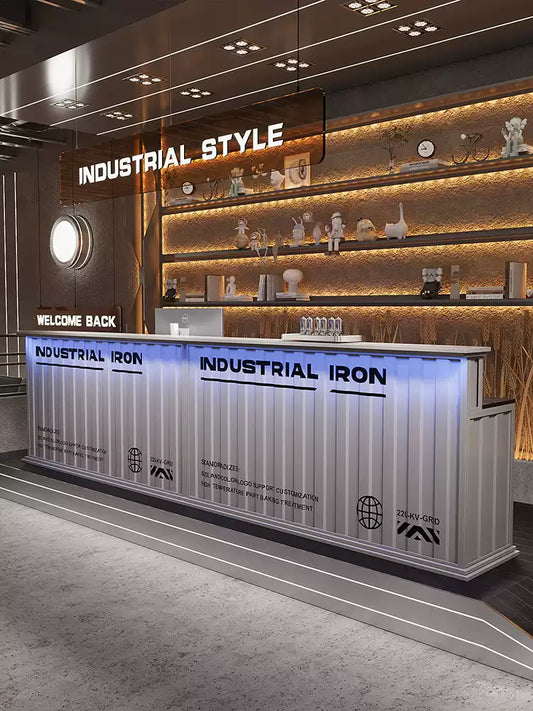 Industrial Shipping Container Bar Counter with LED Lighting | Commercial Bar & Reception Front Desk