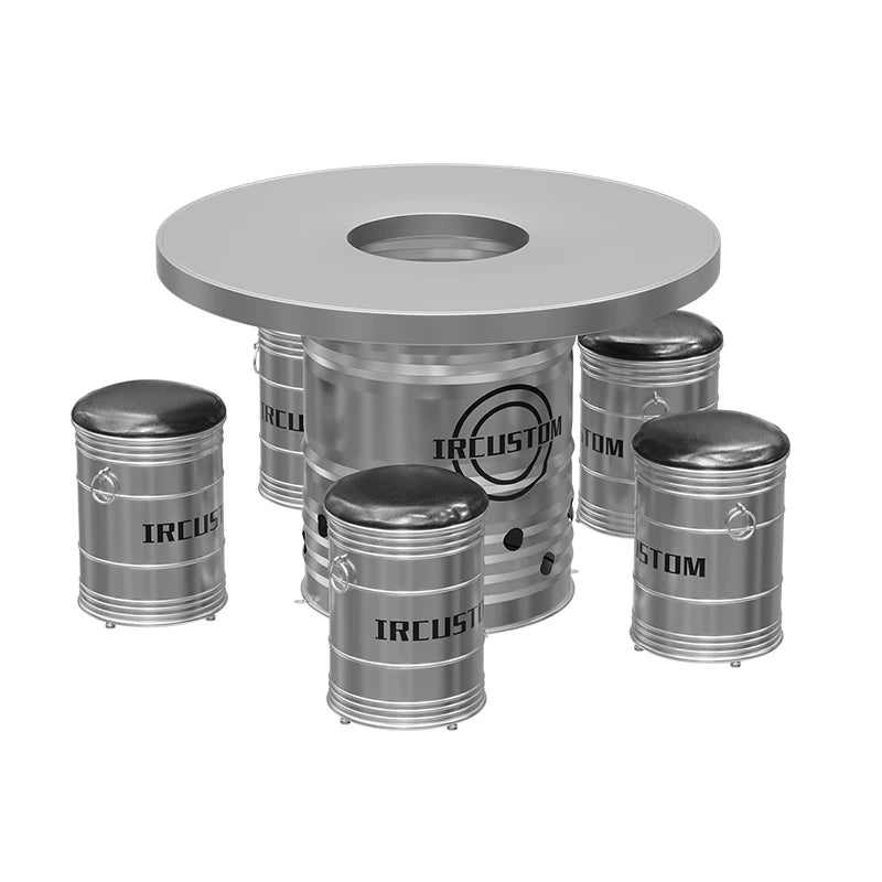 Industrial Oil Drum Korean BBQ & Hotpot Table Set | Commercial Grill Dining Table with Storage Stools