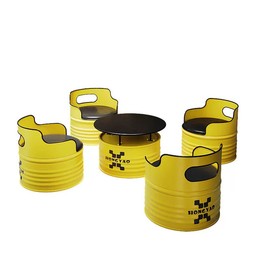 Industrial Vibrant Yellow Oil Drum 5-Piece Lounge Set: 1 Table &amp; 4 Chairs