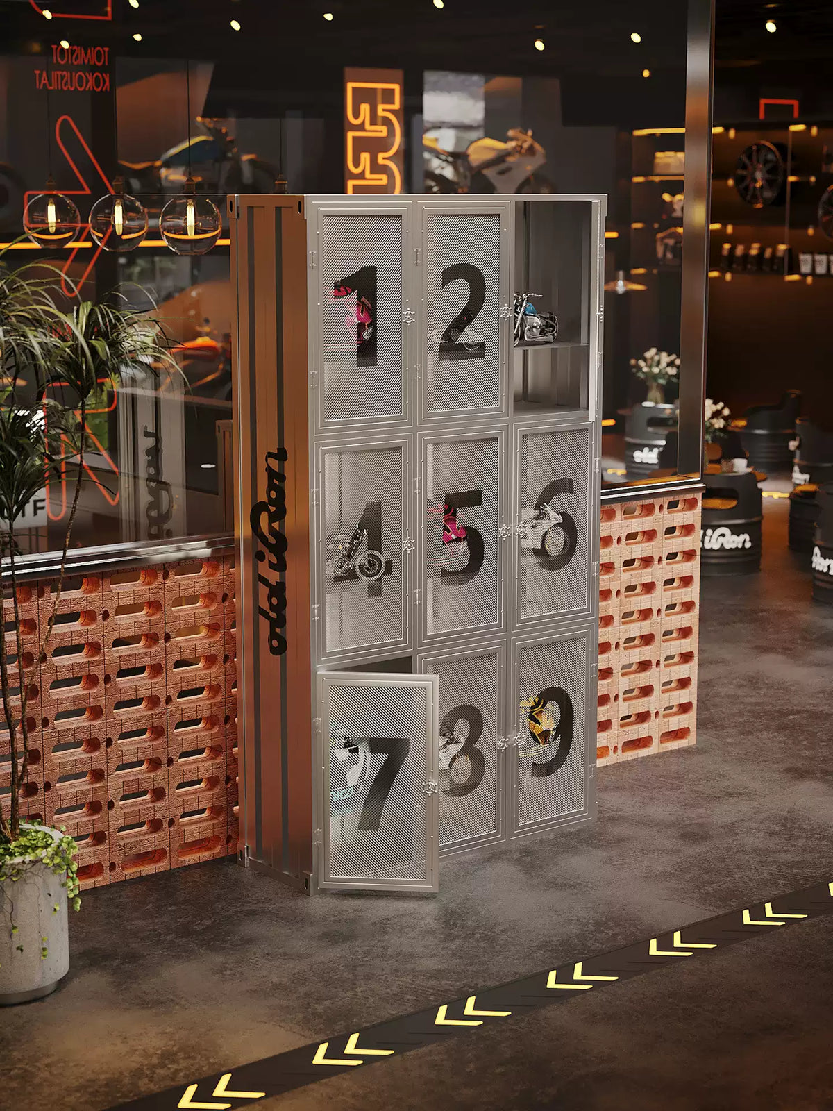 Industrial Container Wire Mesh Locker Cabinet | Motorcycle Helmet & Commercial Storage Unit with Stenciled Numbers