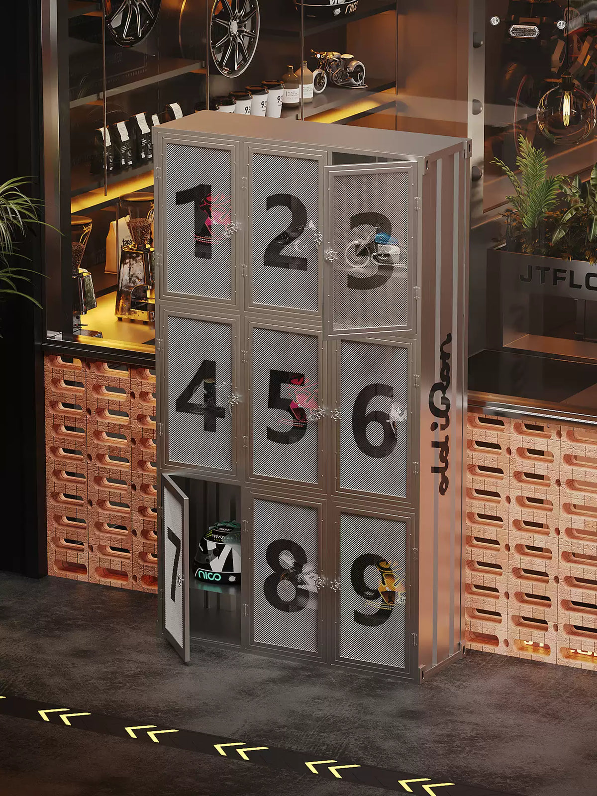 Industrial Container Wire Mesh Locker Cabinet | Motorcycle Helmet & Commercial Storage Unit with Stenciled Numbers