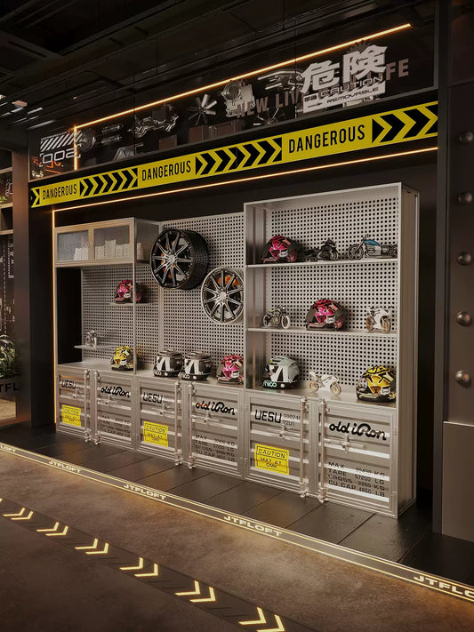 Industrial Container Wall Display Cabinet & Pegboard Shelving Unit | Modular Retail & Showroom Fixture