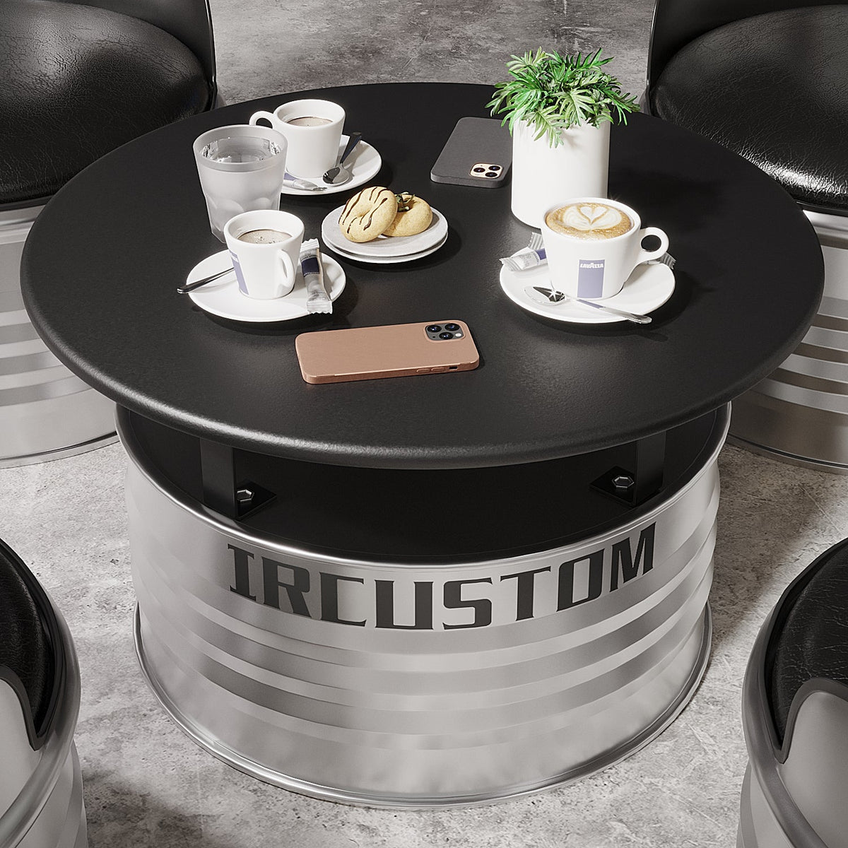 Industrial Vibrant Yellow Oil Drum 5-Piece Lounge Set: 1 Table &amp; 4 Chairs